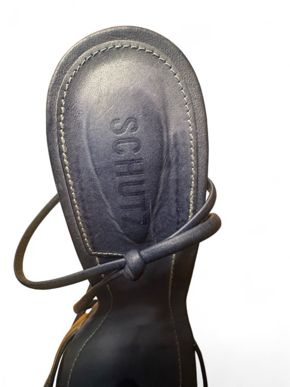 SCHUTZ Navy Pointed Lace-Up Heels with Tan Trim leather - Picture 3 of 7
